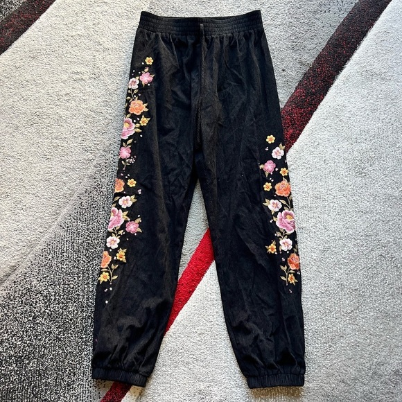 Savanna Jane Pants - Savanna Jane Black Corduroy Floral Embroidered Joggers